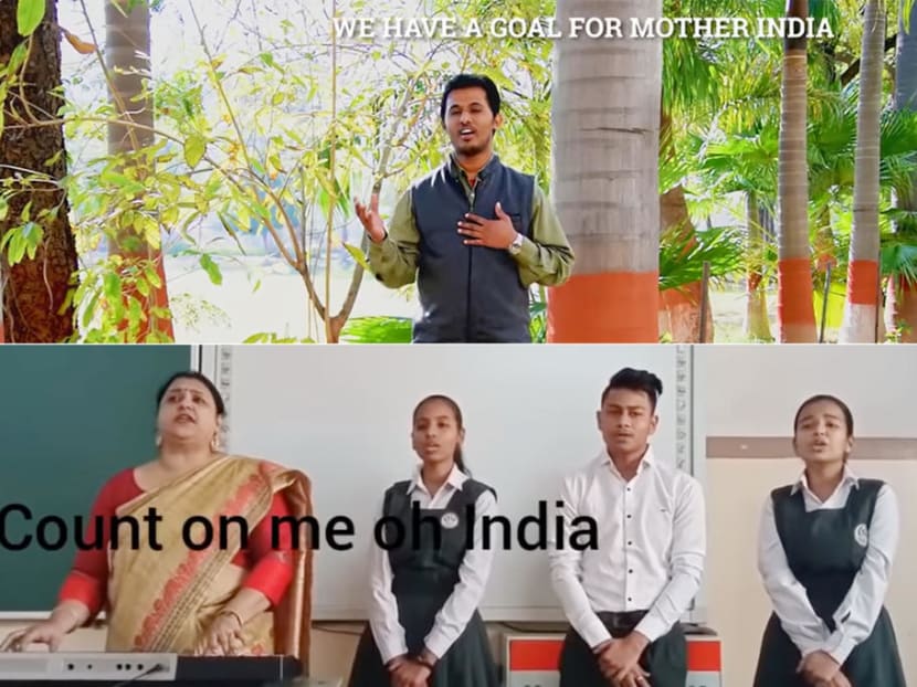 A screenshot of a video showing people in India singing a song that sounds close to Count on Me, Singapore. A screenshot of a video showing people in India singing a song that sounds close to Count on Me, Singapore.