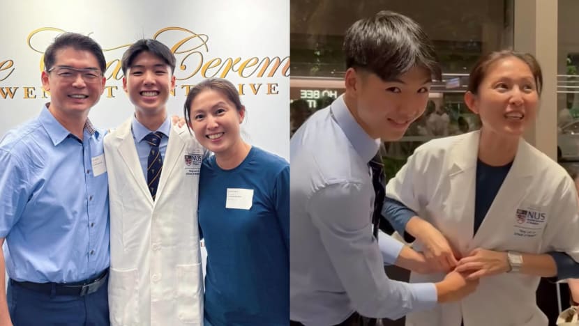 Lina Ng's Son, Now A Medical Student At NUS, Surprised Her At His White Coat Ceremony To Help Fulfil Her Lifelong Dream