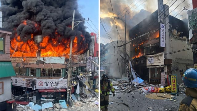 韩国京畿道大楼陷火海 疑煤气爆炸引发火灾