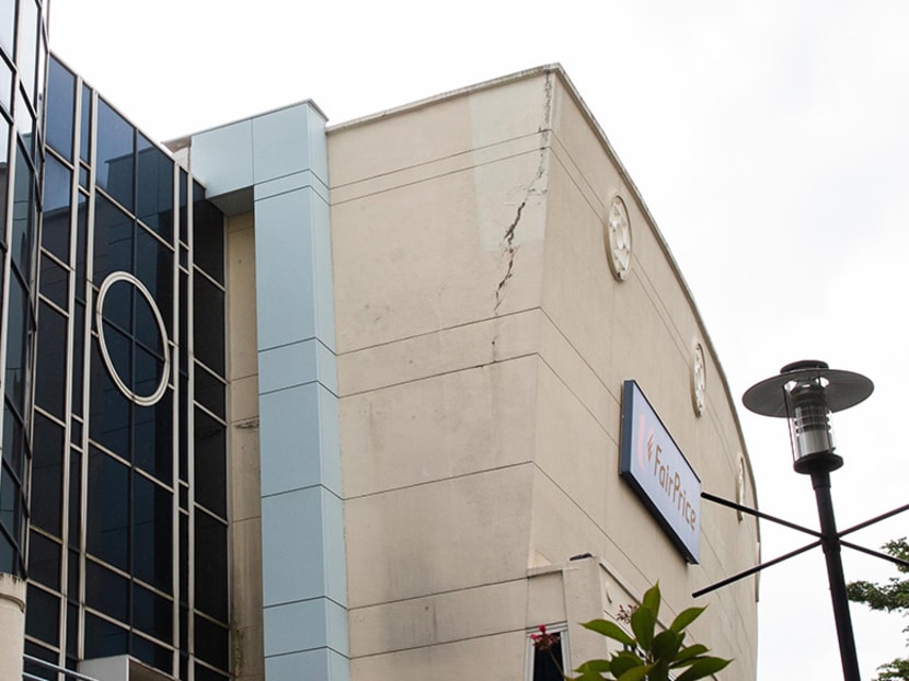 An area below Rivervale Mall was cordoned off as a precaution after a large crack formed on its facade, even though there are no structural concerns with the building.