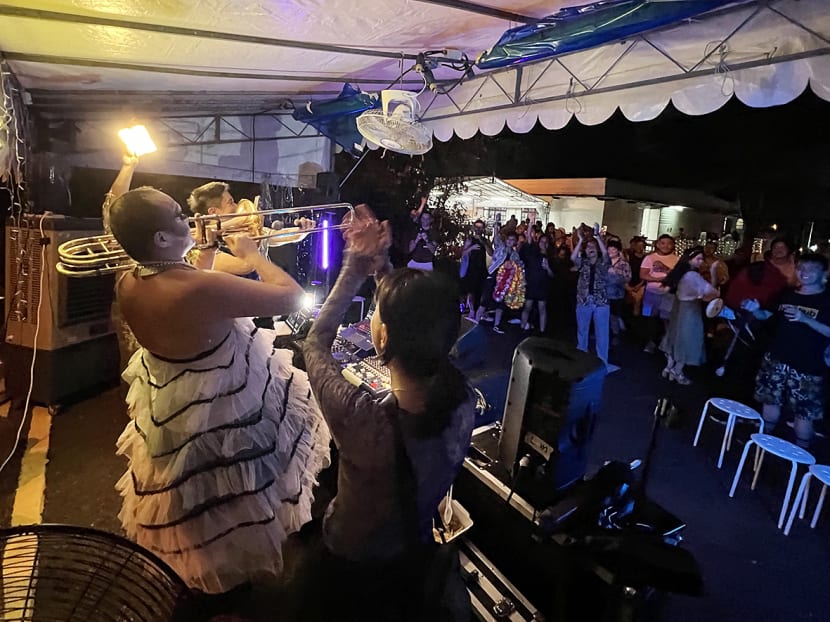 Queer-tai, a performance at the NTU CCA anniversary party at Gillman Barracks, Sept 29, 2023. Queer-tai, a performance at the NTU CCA anniversary party at Gillman Barracks, Sept 29, 2023.