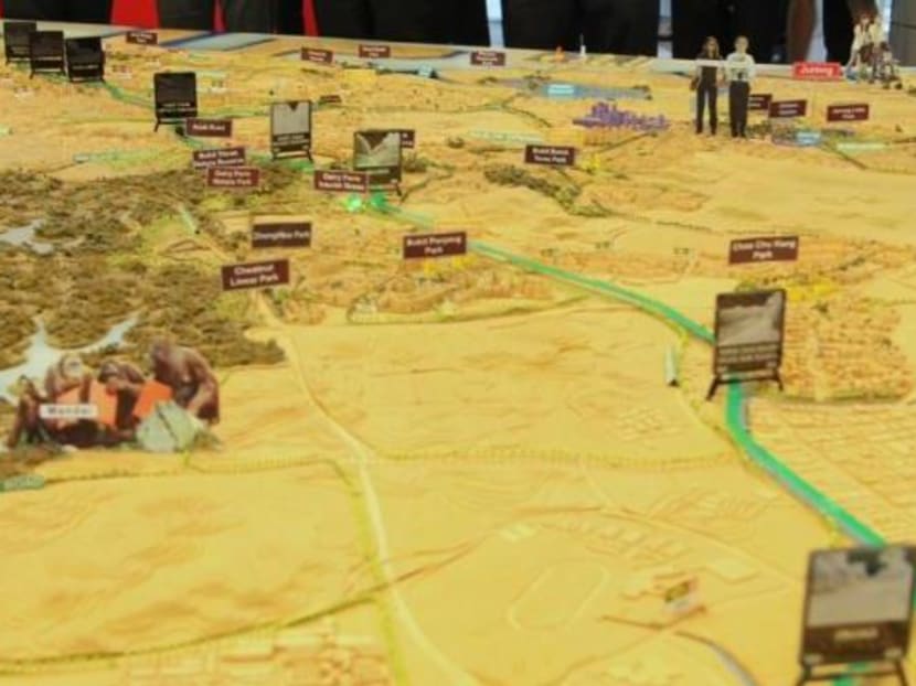 A model of Singapore that shows the stretch of the Rail Corridor represented by a line of green. May 2, 2012. TODAY file photo