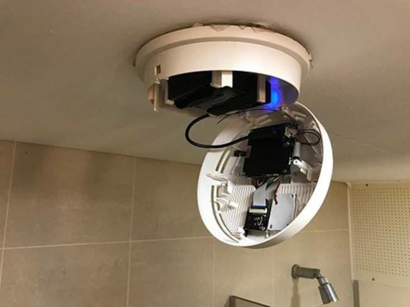 A photo of a smoke detector where a camera was hidden in a female toilet at the College of Alice and Peter Tan in the National University of Singapore. A photo of a smoke detector where a camera was hidden in a female toilet at the College of Alice and Peter Tan in the National University of Singapore.