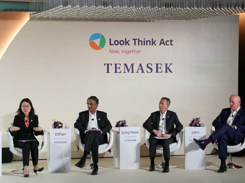 Senior executives at Temasek Holdings conducted a question and answer session on the Temasek Review 2019 on Tuesday (July 9). Pictured, from left, are: Ms Png Chin Yee, senior managing director of portfolio strategy and risk group, Mr Dilhan Pillay Sandrasegara, Temasek International chief executive officer, Mr Chia Song Hwee, Temasek International president and chief operating officer and Mr John Vaske, Temasek head of Americas. Senior executives at Temasek Holdings conducted a question and answer session on the Temasek Review 2019 on Tuesday (July 9). Pictured, from left, are: Ms Png Chin Yee, senior managing director of portfolio strategy and risk group, Mr Dilhan Pillay Sandrasegara, Temasek International chief executive officer, Mr Chia Song Hwee, Temasek International president and chief operating officer and Mr John Vaske, Temasek head of Americas.