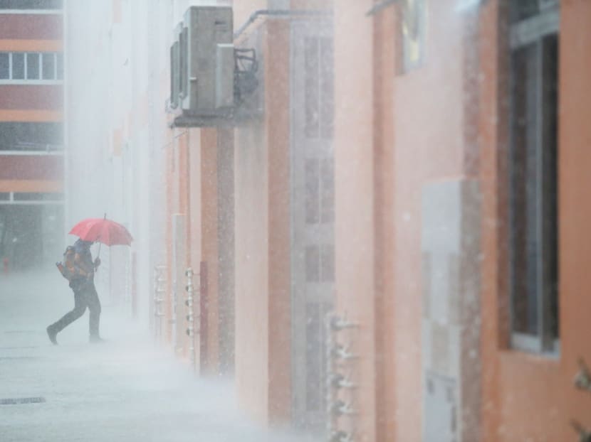 A man seeking shelter at Bishan amid a heavy downpour on Feb 8, 2017. Photo: Koh Mui Fong