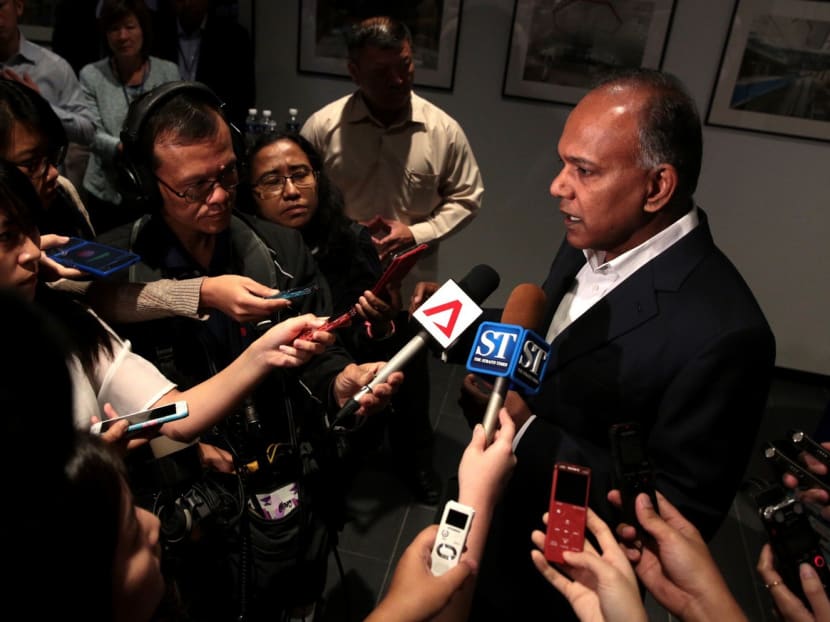 Minister K Shanmugam speaks to reporters at the "Keep it Real: Truth and Trust in the Media” event on June 19, 2017. Photo: Jason Quah