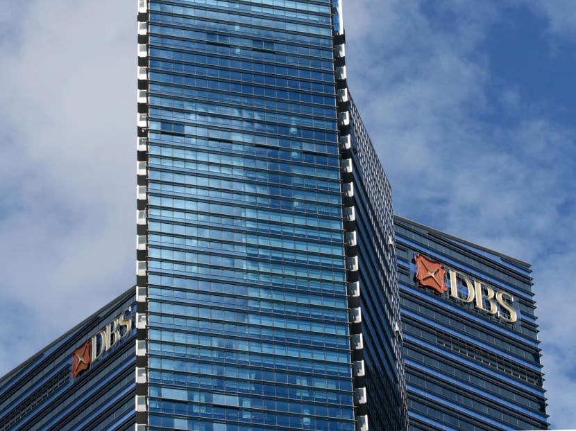 The DBS Bank logo is seen on a building in the Marina Bay Financial Centre in Singapore on June 19, 2020.