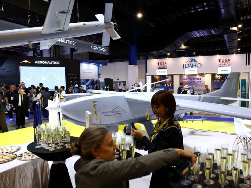 Israel’s defence electronics company Elbit Systems launches the Hermes 650 Spark unmanned aerial vehicle during the Singapore Airshow at Changi Exhibition Centre on Feb 21, 2024.