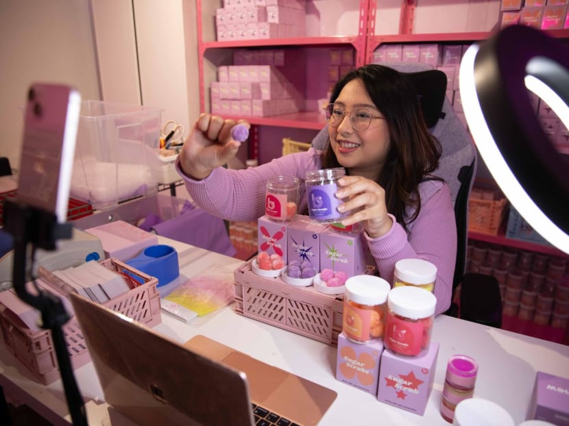 Ms Aqilah Adnan does livestreams for her body scrubs brand Benew on both TikTok and Shopee at the same time. Ms Aqilah Adnan does livestreams for her body scrubs brand Benew on both TikTok and Shopee at the same time.