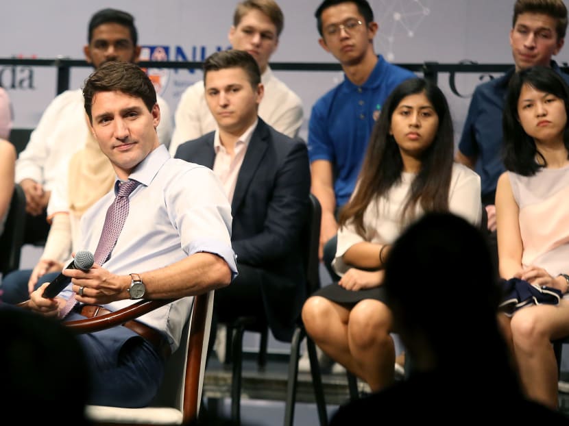 Canada's Prime Minister Justin Trudeau fields questions at the “Canada and Asia in a Changing World” dialogue held in the University Cultural Centre of the National University of Singapore on Nov 15, 2018. Canada's Prime Minister Justin Trudeau fields questions at the “Canada and Asia in a Changing World” dialogue held in the University Cultural Centre of the National University of Singapore on Nov 15, 2018.