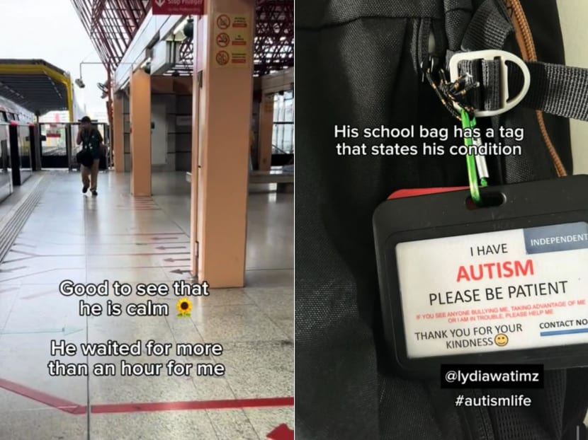 On Sept 25, 2024, a woman found her son who has autism waiting (left) at Jurong East MRT Station even though there were no train services. A tag on his bag (right) helped a station worker to call the boy's parents.