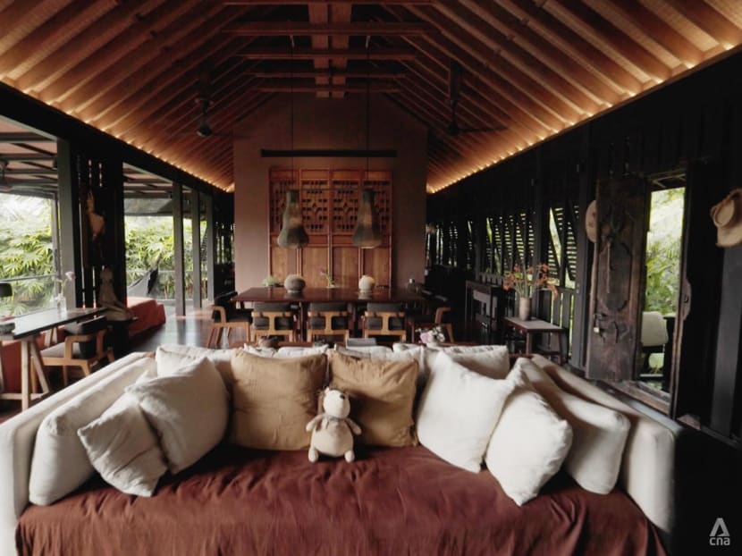 A modern Balinese longhouse built with lava stones from the volcano Mount Agung A modern Balinese longhouse built with lava stones from the volcano Mount Agung