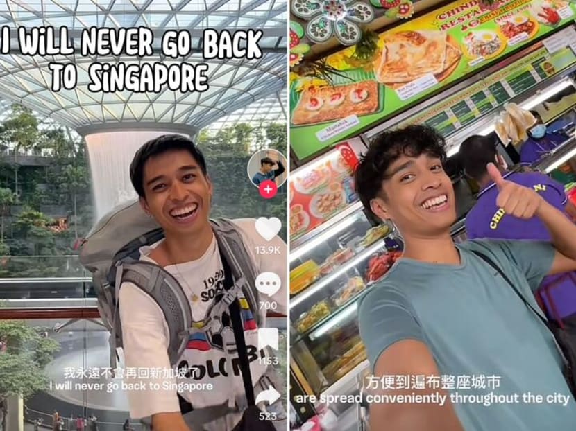 Screengrabs from a TikTok video where Andre Carrillo (pictured) used sarcasm to make various statements that are actually the opposite of how he feels about Singapore. Screengrabs from a TikTok video where Andre Carrillo (pictured) used sarcasm to make various statements that are actually the opposite of how he feels about Singapore.