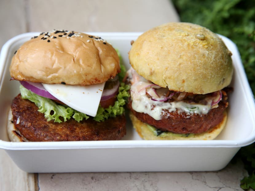 Restaurant mezza9’s Classic Cheese Burger (left) and the Modern Asian Burger with Beyond Burger plant-based patties. Restaurant mezza9’s Classic Cheese Burger (left) and the Modern Asian Burger with Beyond Burger plant-based patties.