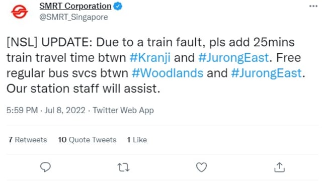 SMRT：地铁南北线故障 克兰芝裕廊东路段有延误