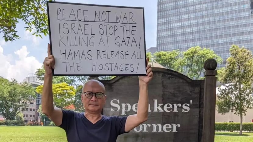Singapore police investigating activist Gilbert Goh for holding Israel-Hamas sign at Speakers' Corner Singapore police investigating activist Gilbert Goh for holding Israel-Hamas sign at Speakers' Corner