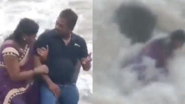 印度夫妻在岩石上合照遇巨浪 在孩子面前被巨浪卷走