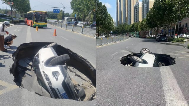 中国合肥道路突发坍塌 三人安全获救