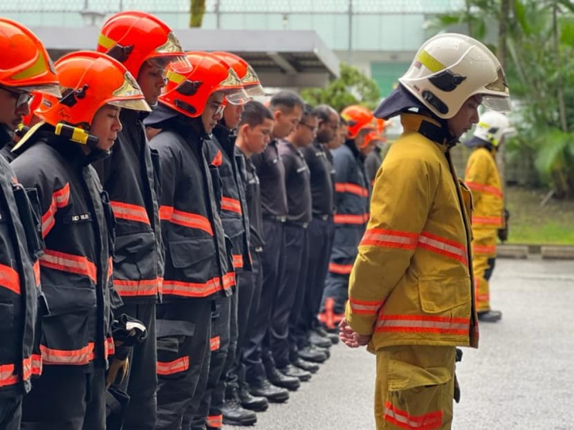 The Singapore Civil Defence Force paid tribute to the late firefighter Edward H Go by observing a moment of silence on Dec 13, 2022. The Singapore Civil Defence Force paid tribute to the late firefighter Edward H Go by observing a moment of silence on Dec 13, 2022.