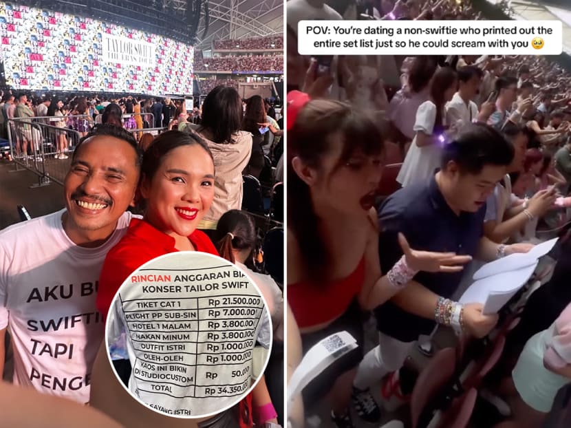 A man (left photo) wore a custom-made T-shirt detailing the cost of all the money he spent to take his wife to Taylor Swift's concert in Singapore. Another person who is not a Taylor Swift fan (second from left in right photo) created a lyrics "cheatsheet" of the pop singer's songs to sing along with his partner.