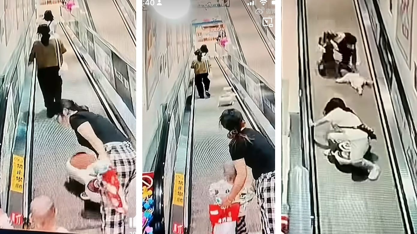 云南顾客在扶梯放玩具车后滑落 前方母婴被猛撞倒地