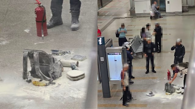 地铁站月台背包冒烟引恐慌 警员喷洒干粉助灭火