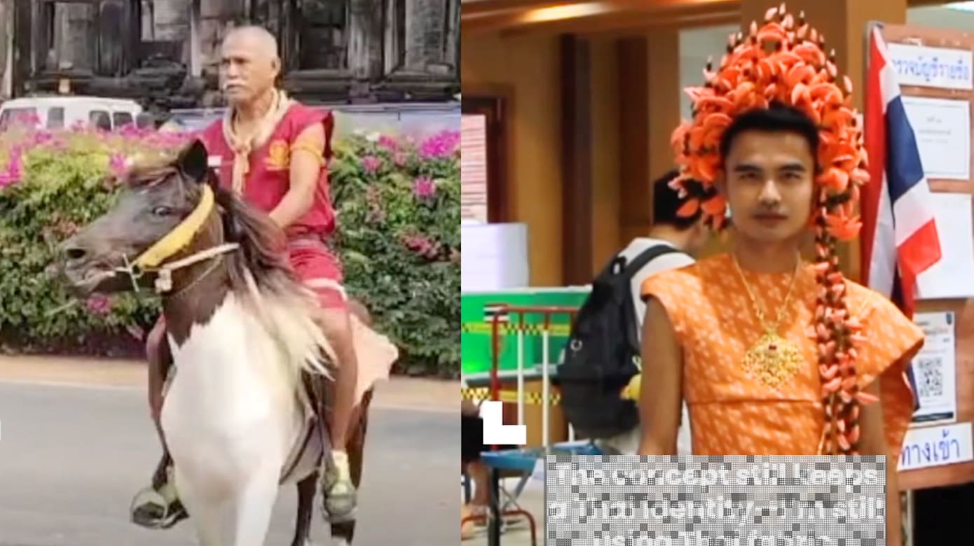 投票日奇装异服亮相：泰拳教练骑马 设计师戴传统花冠