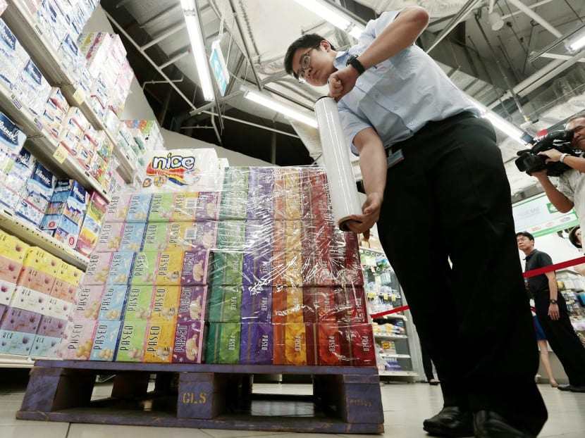 FairPrice today pulled two of its housebrand products as well as 16 APP-related products, which include brands like Paseo and NICE, from its stores. Photo: Jason Quah FairPrice today pulled two of its housebrand products as well as 16 APP-related products, which include brands like Paseo and NICE, from its stores. Photo: Jason Quah