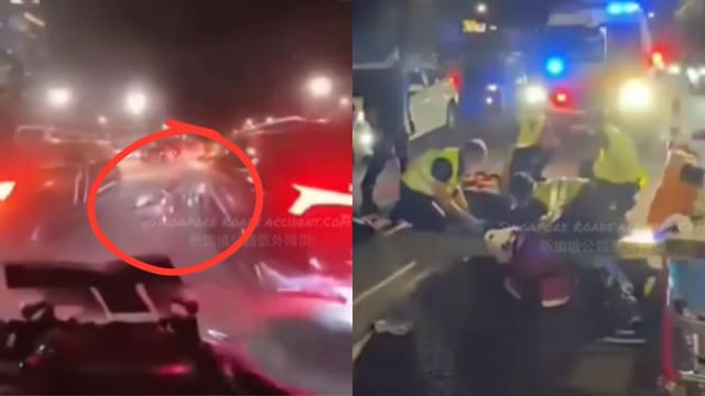 摩托车骑士在快速公路上失控摔车 与五车连环撞