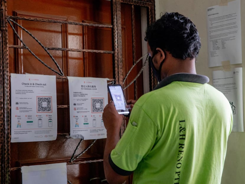 As part of safety measures for Covid-19, migrant workers are required to use the SafeEntry digital system to check in and check out of work sites. As part of safety measures for Covid-19, migrant workers are required to use the SafeEntry digital system to check in and check out of work sites.