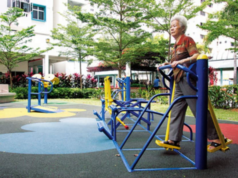 The fitness corners in some blocks in Yishun are hardly ever used by the elderly but by children and their parents improvising on its uses every evening. TODAY FILE PHOTO