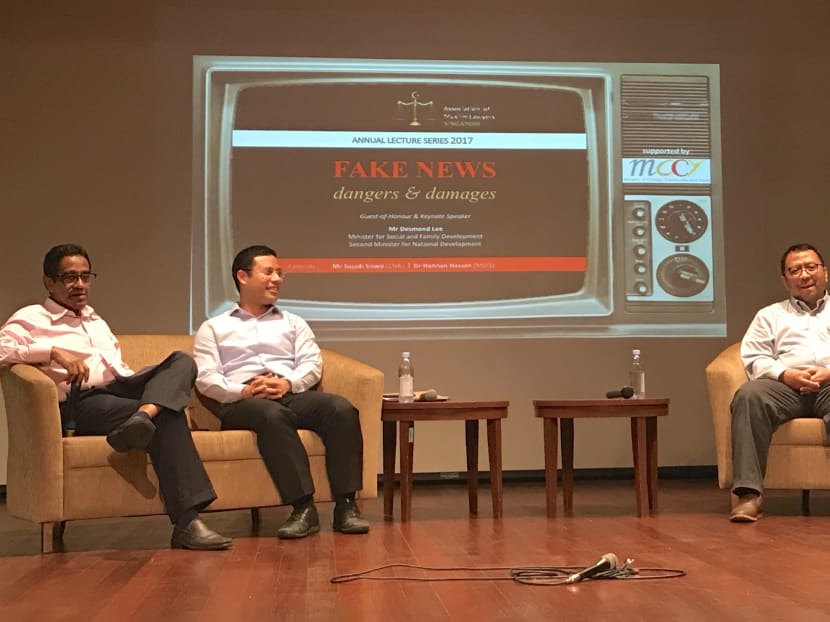 (L-R) Moderator and senior lawyer Noor Marican, Association of Muslim Lawyers, Minister of Social and Family Development Desmond Lee, Ustaz Hannan Hassan, Assistant Director (Education) of the Islamic Religious Council of Singapore and Mr Sujadi Siswo. (Photo: Cynthia Choo/TODAY)