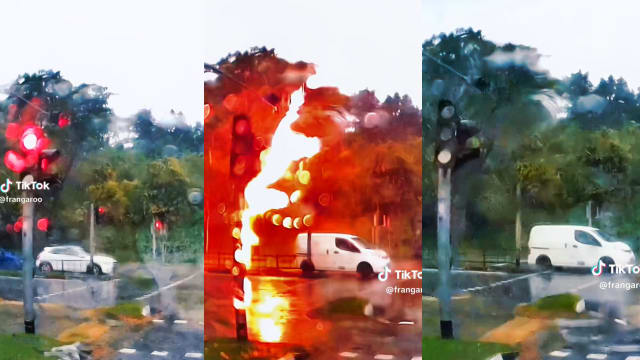 滂沱大雨中遭雷劈 义顺一交通灯断电