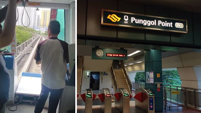 榜鹅轻轨出故障 工作人员从紧急逃生门进入助乘客下车