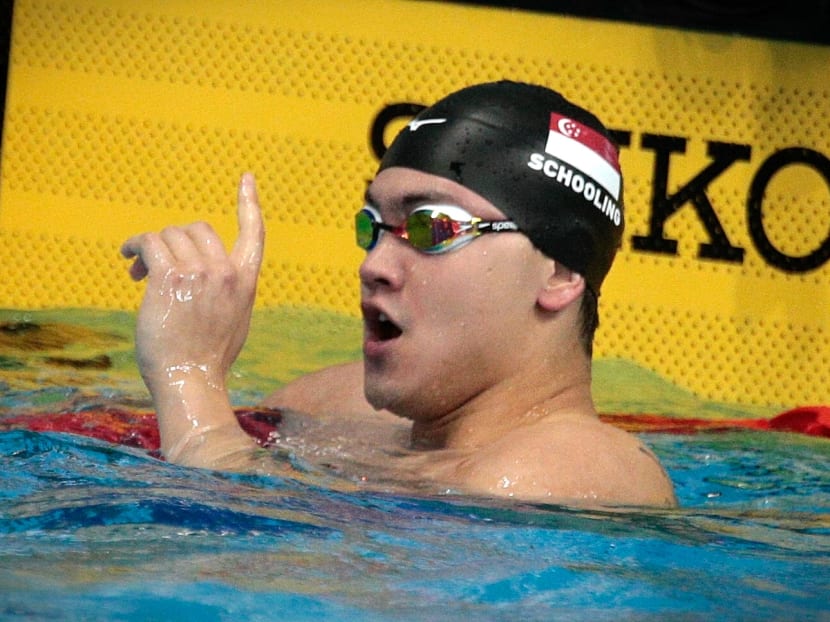 Joseph Schooling celebrating his win in the 100m butterfly at the 2017 SEA Games. Photo: Jason Quah/TODAY