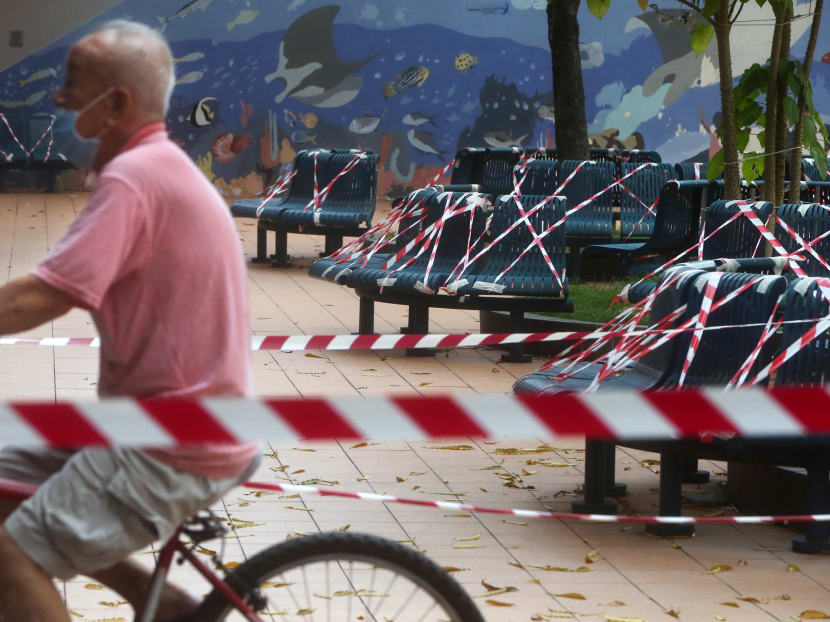 Communal benches at Toa Payoh were cordoned off with tape on April 23, 2020 as part of the measures during the circuit breaker period. Communal benches at Toa Payoh were cordoned off with tape on April 23, 2020 as part of the measures during the circuit breaker period.