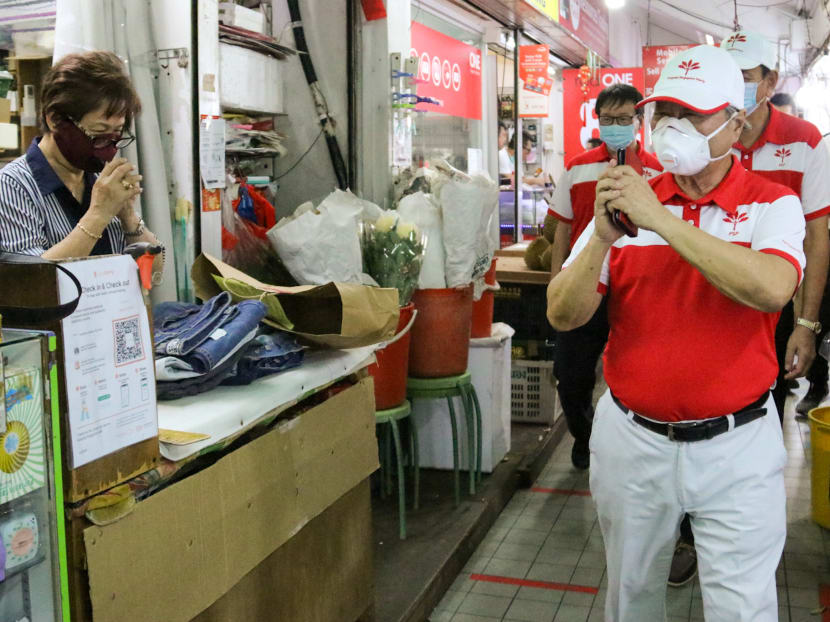 Dr Tan Cheng Bock on a walkabout with Progress Singapore Party along 302 Choa Chu Kang Avenue 4 on June 27, 2020.