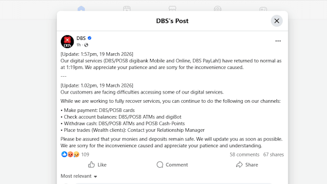 星展和储蓄银行数码服务已恢复正常