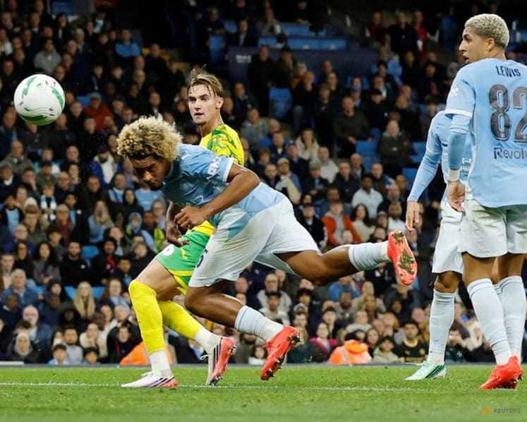 Teenager Samba strikes twice on debut as Man City thrash Norwich in League Cup