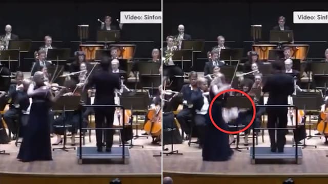 尴尬！指挥家挥臂过猛碰撞小提琴家 逾百万元小提琴摔地