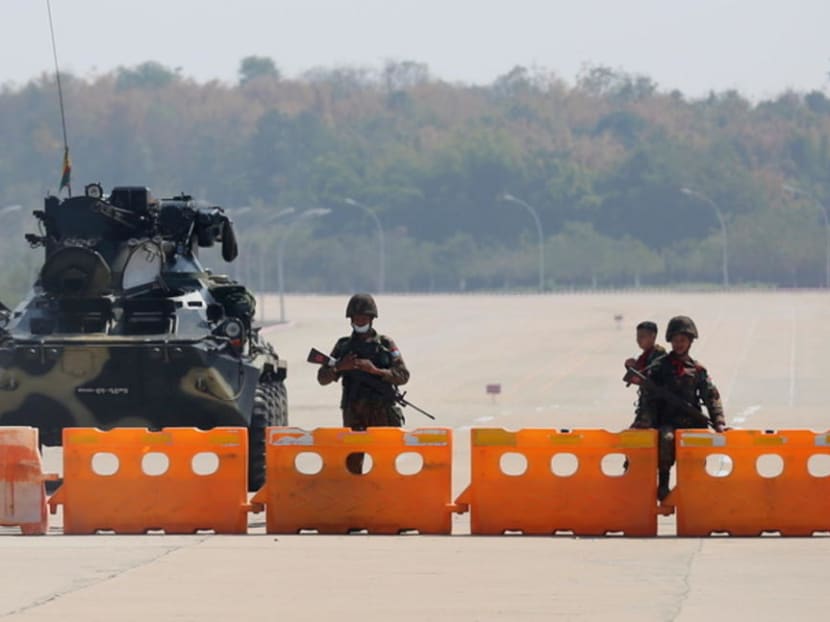A military checkpoint in Myanmar's capital Naytyipaw on Feb 1, 2021.