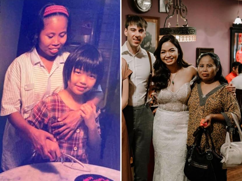 Ms Angeline Low-Hamling and Siti Halimah in a photo (left) 20 years ago which Ms Low-Hamling used to identify Ms Siti in her call for help to search for her childhood nanny. Ms Siti and Ms Low-Hamling with her husband (right), at her wedding in Malaysia in February 2023. Ms Angeline Low-Hamling and Siti Halimah in a photo (left) 20 years ago which Ms Low-Hamling used to identify Ms Siti in her call for help to search for her childhood nanny. Ms Siti and Ms Low-Hamling with her husband (right), at her wedding in Malaysia in February 2023.