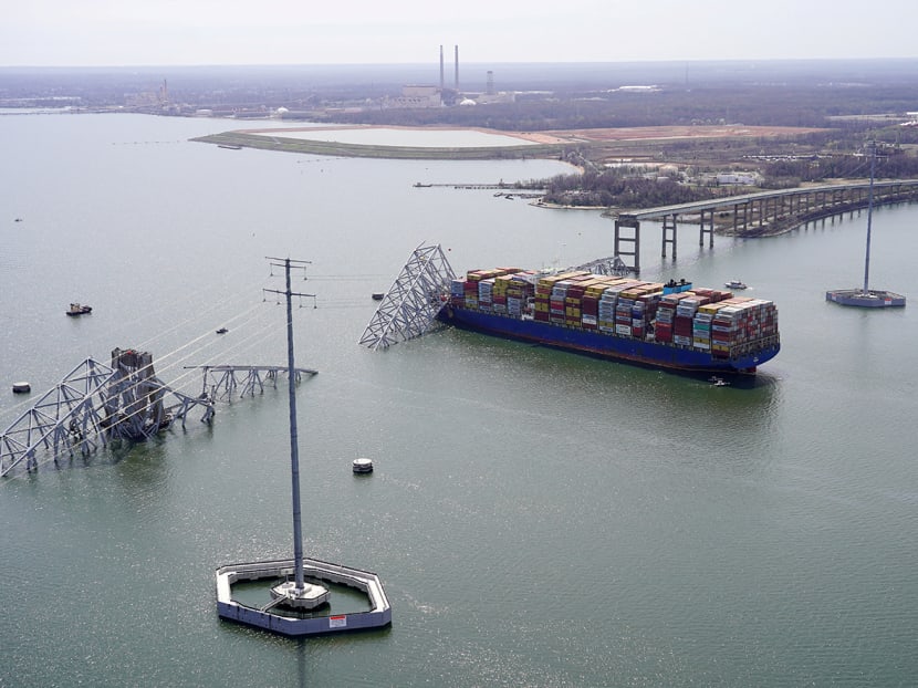 Aerial view of the Dali cargo vessel which crashed into the Francis Scott Key Bridge, causing it to collapse in Baltimore, Maryland, US, on March 26, 2024.