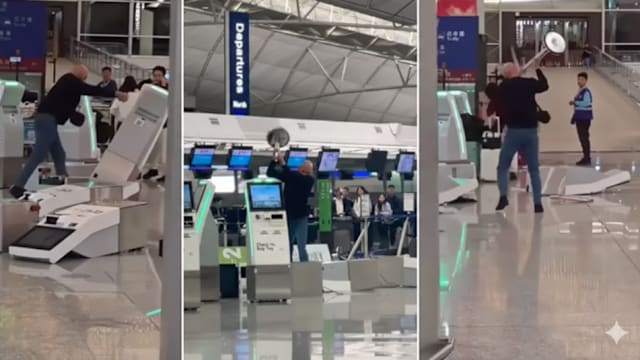 英男大闹香港机场 失控乱砸柜台被捕
