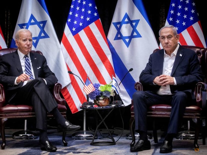 US President Joe Biden (left) meeting with Israeli Prime Minister Benjamin Netanyahu to discuss the war between Israel and Hamas, in Tel Aviv, Israel, on Oct 18, 2023.