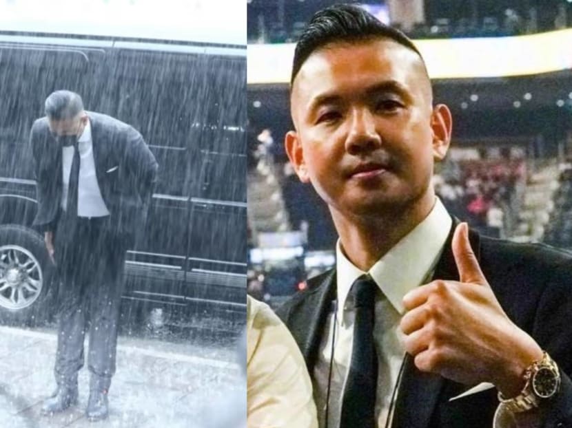Blackie Chen Bows To Media While Standing In Pouring Rain 
