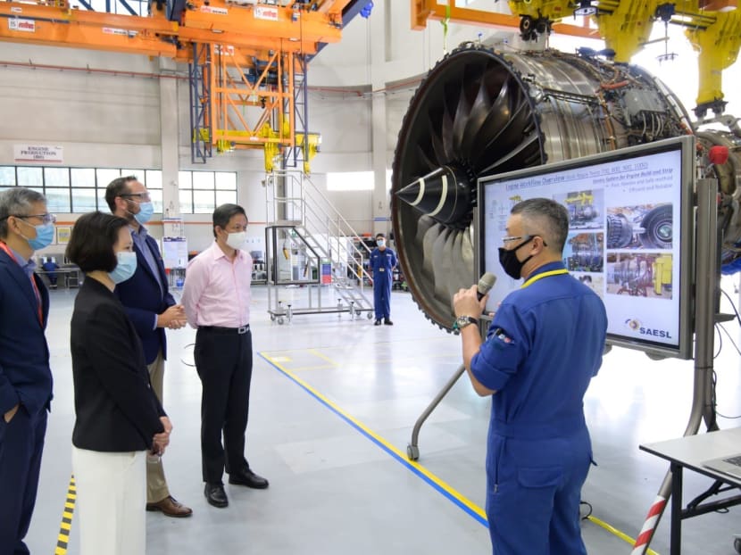 Minister for Trade and Industry Chan Chun Sing (second from right) and Ms Gan Siow Huang (second from left), Minister of State for Education and Manpower, visited Singapore Aero Engine Services on Sept 1, 2020. Minister for Trade and Industry Chan Chun Sing (second from right) and Ms Gan Siow Huang (second from left), Minister of State for Education and Manpower, visited Singapore Aero Engine Services on Sept 1, 2020.