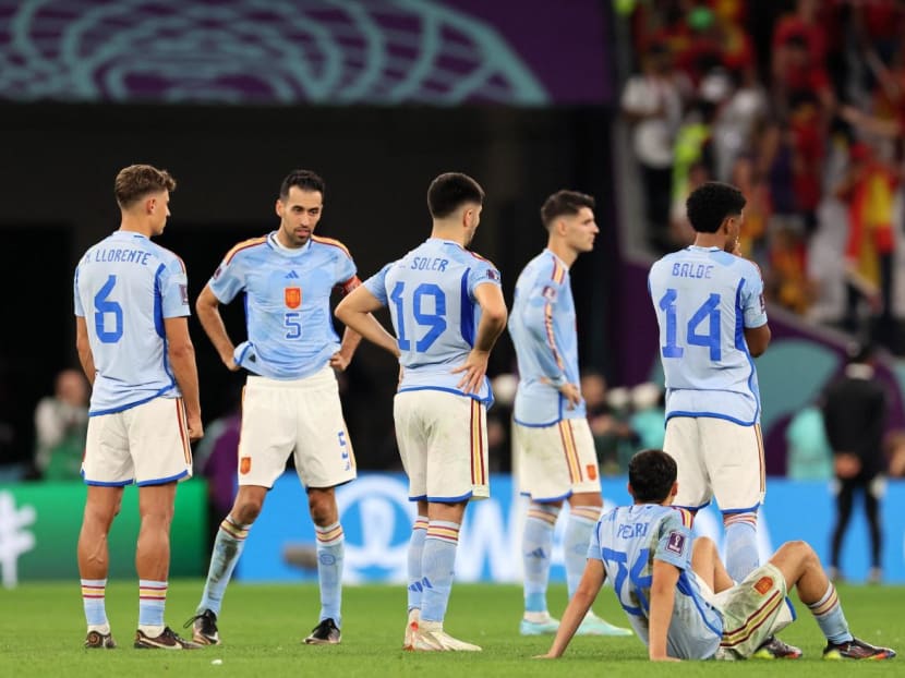 Spain's midfielder and captain Sergio Busquets (second from left) and his team players reacting after they lost the penalty shootout against Morocco at the Qatar 2022 World Cup last-16 match on Dec 6, 2022 Spain's midfielder and captain Sergio Busquets (second from left) and his team players reacting after they lost the penalty shootout against Morocco at the Qatar 2022 World Cup last-16 match on Dec 6, 2022