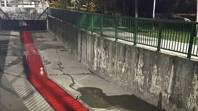 景万岸水道呈红色 污水源自洗车美容店