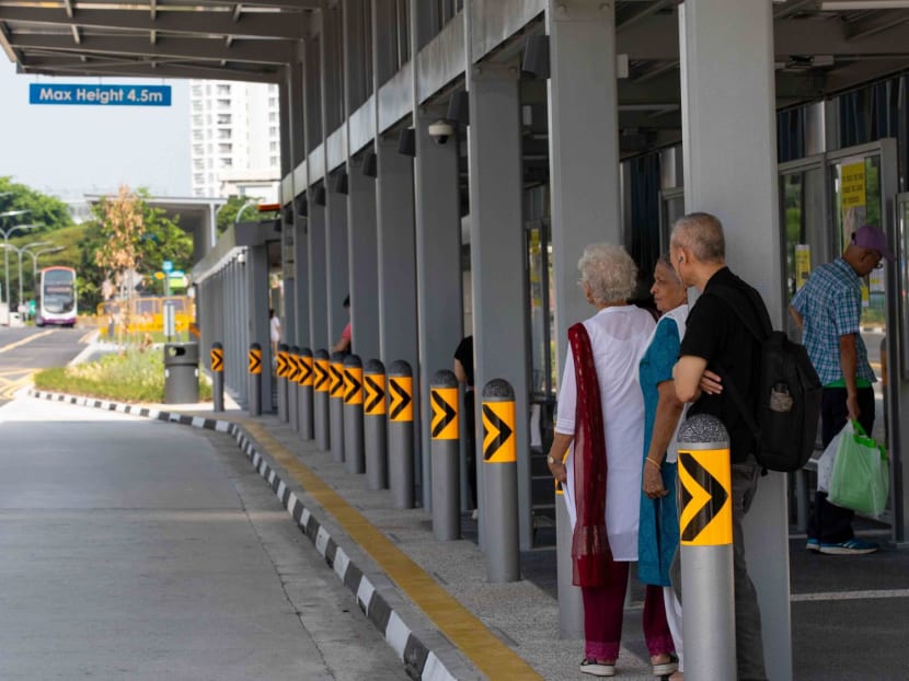 The bus stop at Marine Parade Station's exit 2 on July 5, 2024. People were seen standing next to the pillars instead of sitting down to look out for their bus.